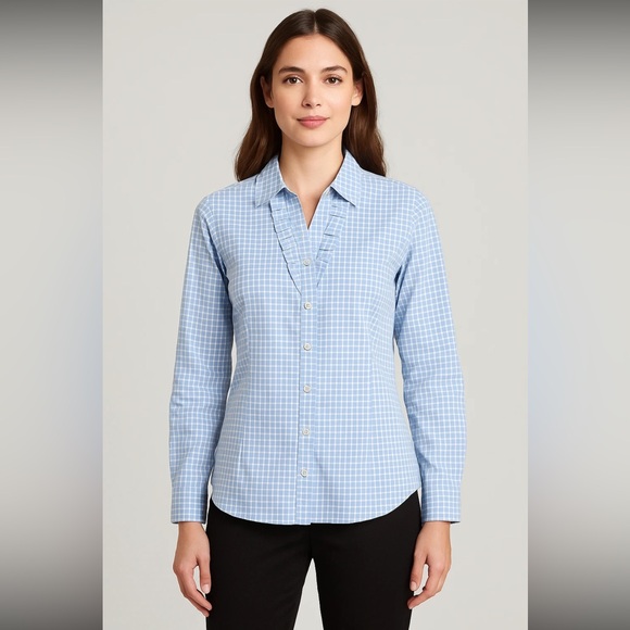Van Heusen Women's Shirt Size XS Blue White Checkered Cotton Blend Button Down - Picture 1 of 9